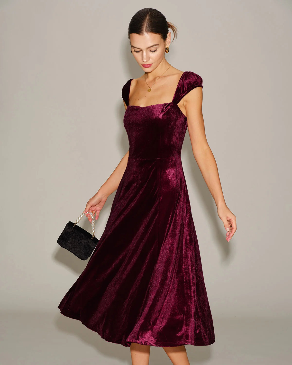 Burgundy Velvet A-Line Square Neck Zipper Back Midi Dress - Aabei Dress