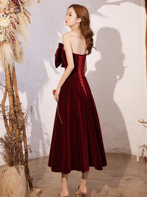 Burgundy Velvet A-Line Strapless Lace-Up Back Tea-Length Dress Back View - Aabei Dress