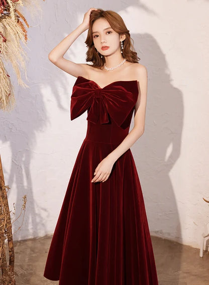 Burgundy Velvet A-Line Strapless Lace-Up Back Tea-Length Dress Front View - Aabei Dress