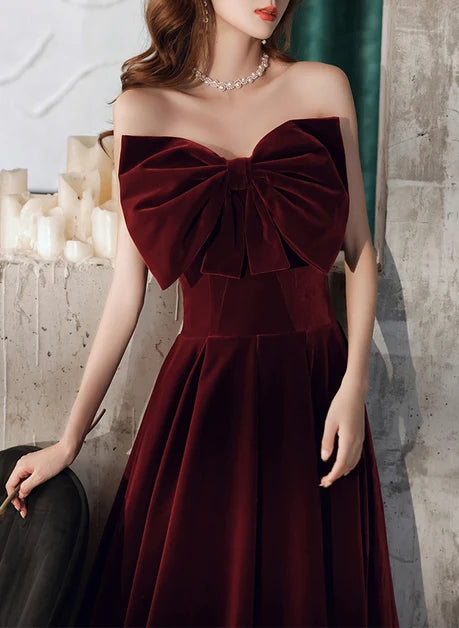 Burgundy Velvet A-Line Strapless Lace-Up Back Tea-Length Dress - Aabei Dress
