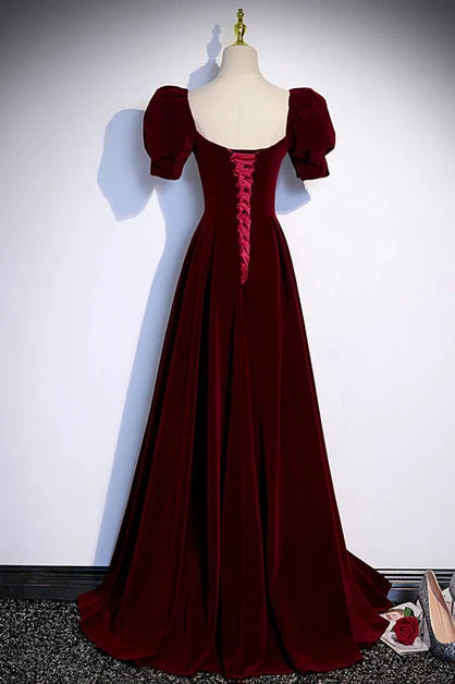 Burgundy Velvet A-Line Sweetheart Lace-up Floor-Length Dress Back View - Aabei Dress