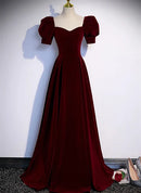 Burgundy Velvet A-Line Sweetheart Lace-up Floor-Length Dress Front View - Aabei Dress