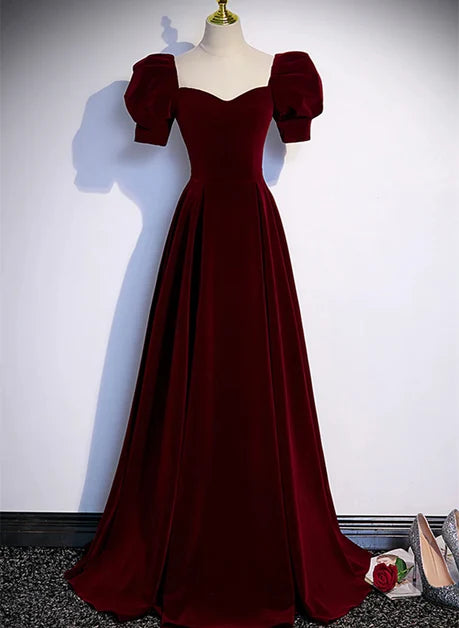 Burgundy Velvet A-Line Sweetheart Lace-up Floor-Length Dress Front View - Aabei Dress
