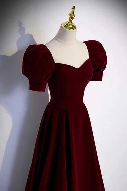 Burgundy Velvet A-Line Sweetheart Lace-up Floor-Length Dress - Aabei Dress