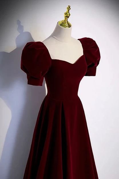 Burgundy Velvet A-Line Sweetheart Lace-up Floor-Length Dress - Aabei Dress