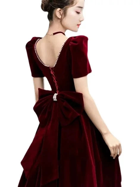 Burgundy Velvet A-Line Sweetheart V-Back Floor-Length Dress Back View - Aabei Dress
