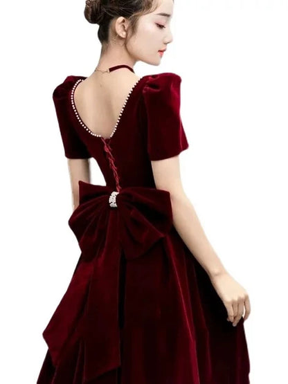 Burgundy Velvet A-Line Sweetheart V-Back Floor-Length Dress Back View - Aabei Dress