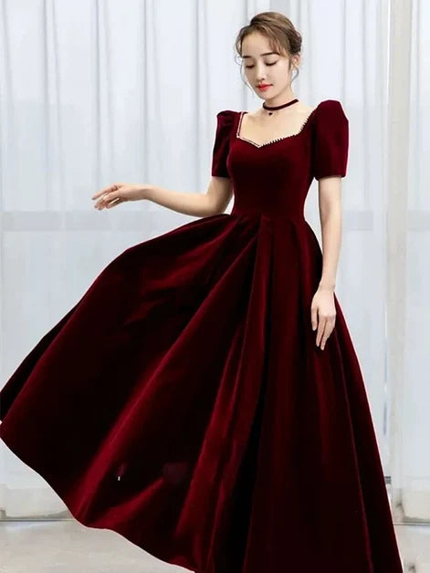 Burgundy Velvet A-Line Sweetheart V-Back Floor-Length Dress Front View - Aabei Dress