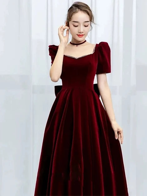 Burgundy Velvet A-Line Sweetheart V-Back Floor-Length Dress - Aabei Dress