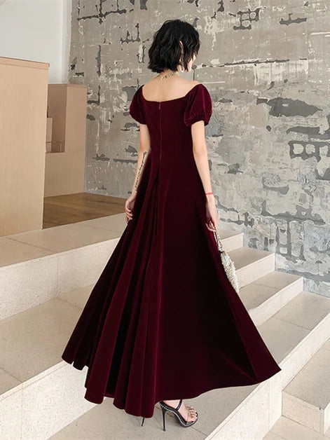 Burgundy Velvet A-Line Sweetheart Zipper Back Floor-Length Dress Back View - Aabei Dress