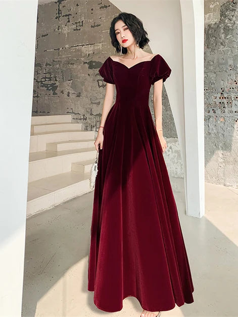 Burgundy Velvet A-Line Sweetheart Zipper Back Floor-Length Dress Front View - Aabei Dress