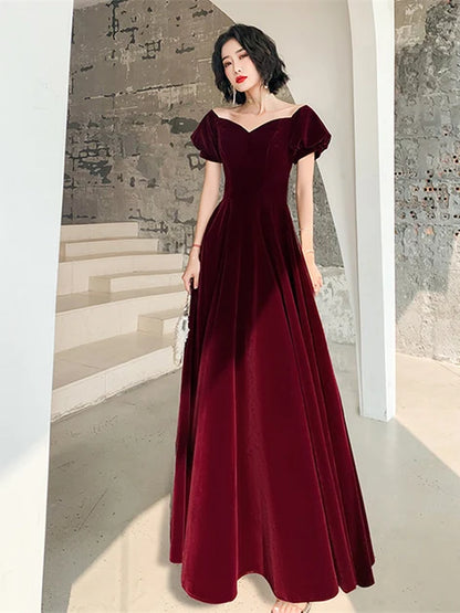 Burgundy Velvet A-Line Sweetheart Zipper Back Floor-Length Dress Front View - Aabei Dress