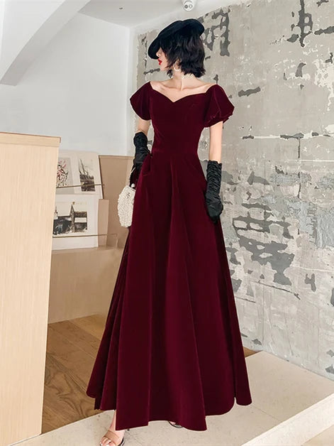 Burgundy Velvet A-Line Sweetheart Zipper Back Floor-Length Dress - Aabei Dress