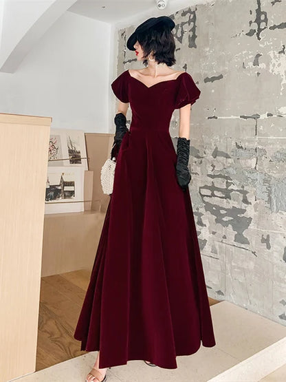 Burgundy Velvet A-Line Sweetheart Zipper Back Floor-Length Dress - Aabei Dress