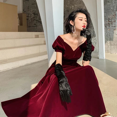 Burgundy Velvet A-Line Sweetheart Zipper Back Floor-Length Dress - Aabei Dress