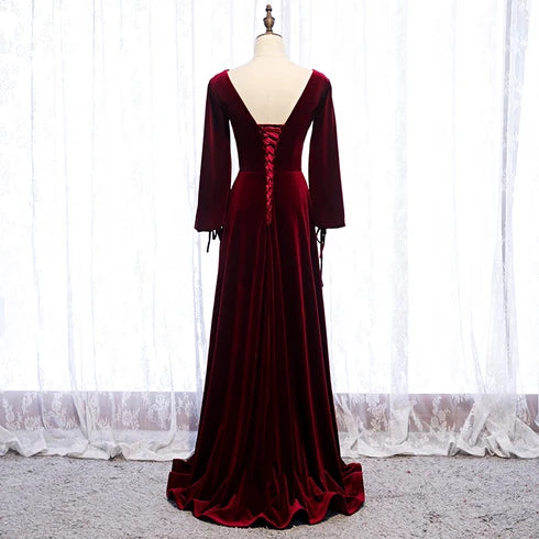 Burgundy Velvet A-Line V-Neck Lace-Up Back Floor-Length Dress Back View - Aabei Dress