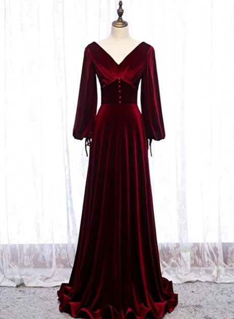 Burgundy Velvet A-Line V-Neck Lace-Up Back Floor-Length Dress Front View - Aabei Dress