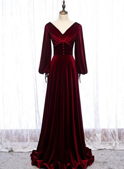 Burgundy Velvet A-Line V-Neck Lace-Up Back Floor-Length Dress Front View - Aabei Dress