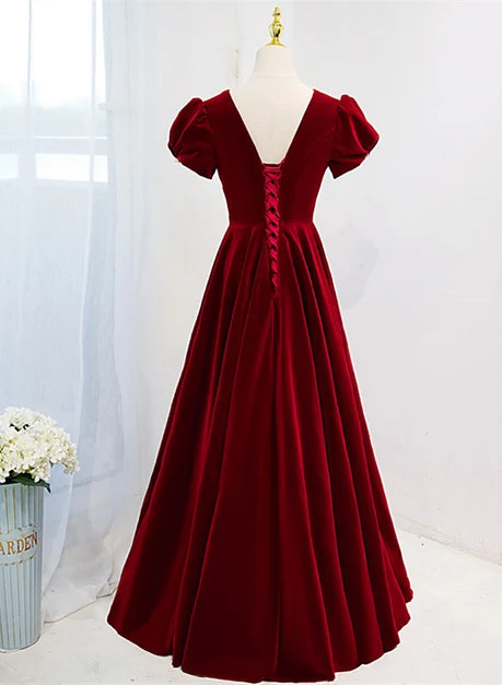 Burgundy Velvet A-Line V-Neck Lace-up Floor-Length Dress Back View - Aabei Dress