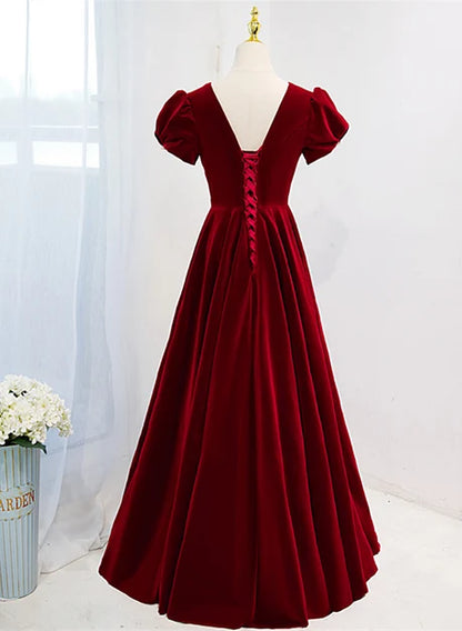 Burgundy Velvet A-Line V-Neck Lace-up Floor-Length Dress Back View - Aabei Dress