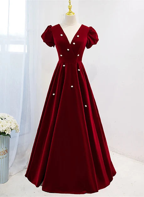 Burgundy Velvet A-Line V-Neck Lace-up Floor-Length Dress Front View - Aabei Dress