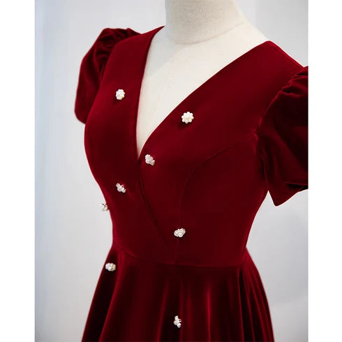 Burgundy Velvet A-Line V-Neck Lace-up Floor-Length Dress - Aabei Dress