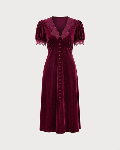 Burgundy Velvet A-Line V-Neck Tie Back Midi Dress - Aabei Dress