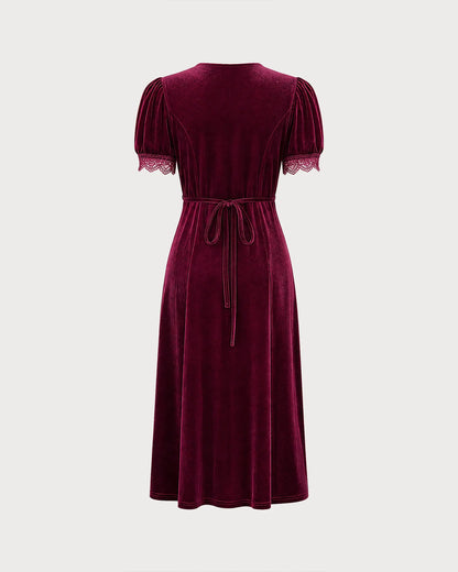 Burgundy Velvet A-Line V-Neck Tie Back Midi Dress - Aabei Dress