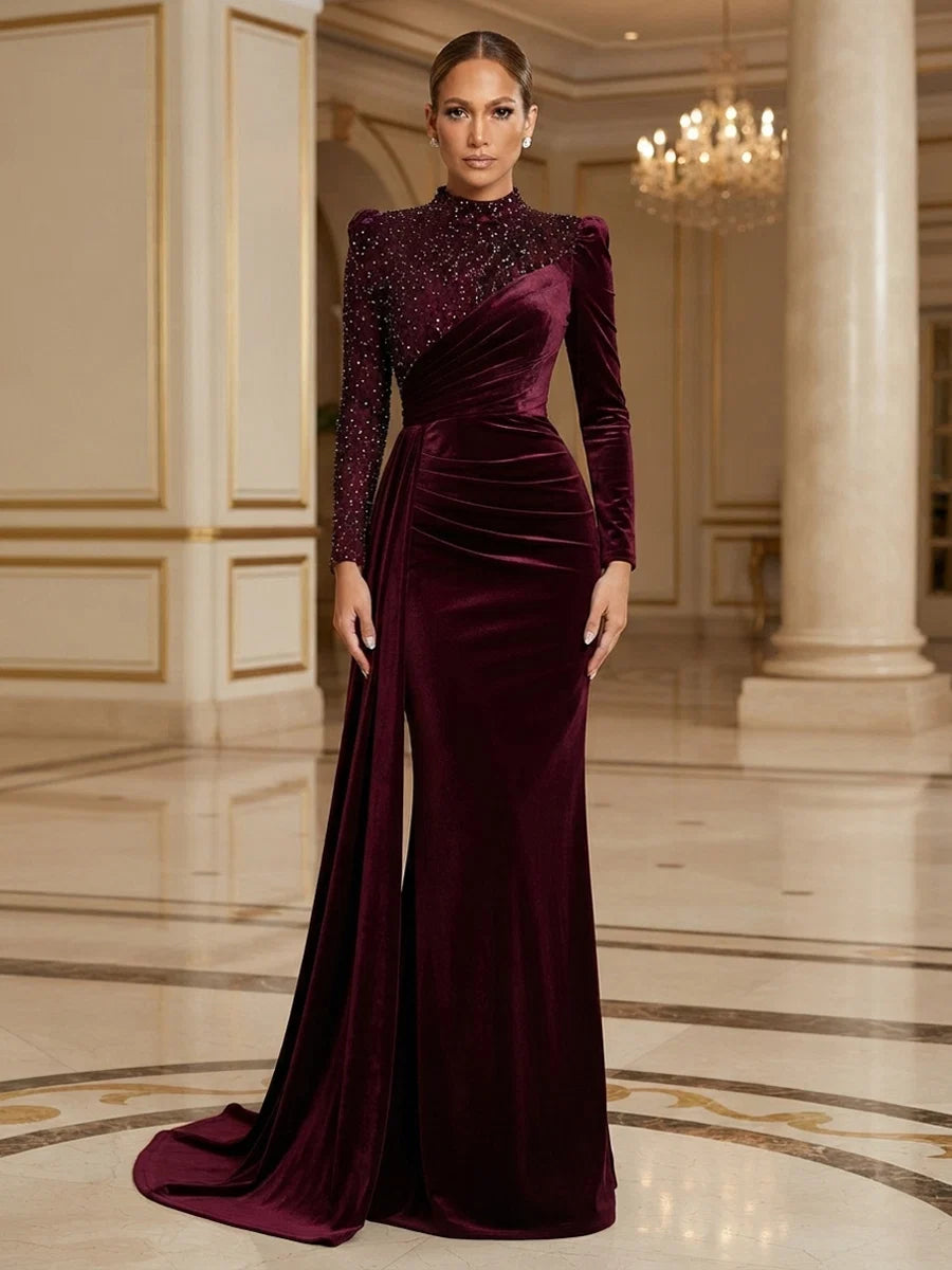 Burgundy Velvet & Beaded Mesh sheath-column high-neck floor-length Dress - Aabei Dress
