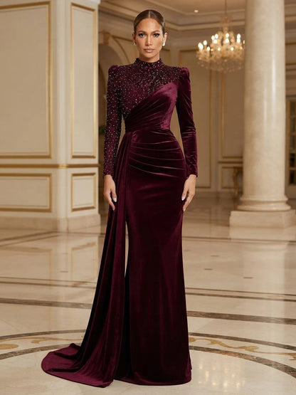 Burgundy Velvet & Beaded Mesh sheath-column high-neck floor-length Dress - Aabei Dress