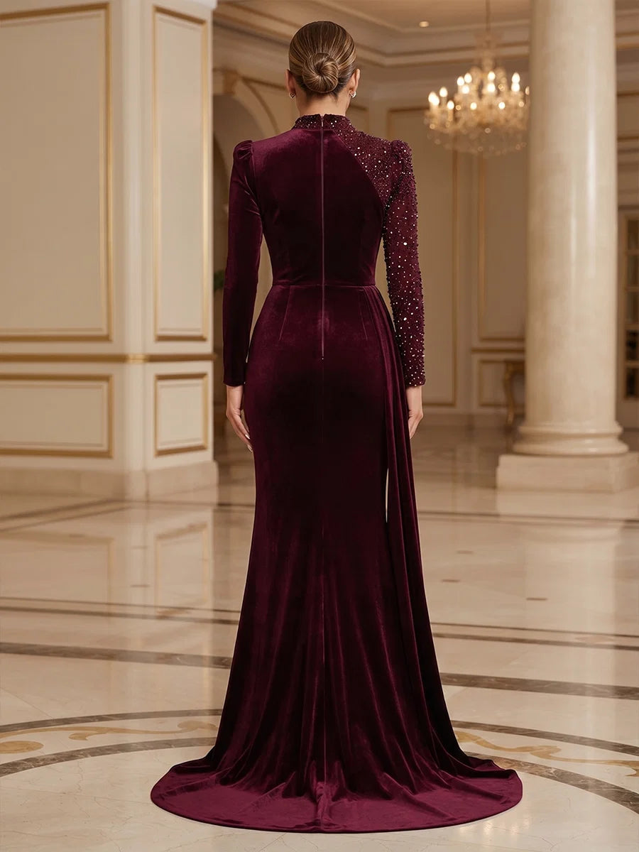 Burgundy Velvet & Beaded Mesh sheath-column high-neck floor-length Dress - Aabei Dress