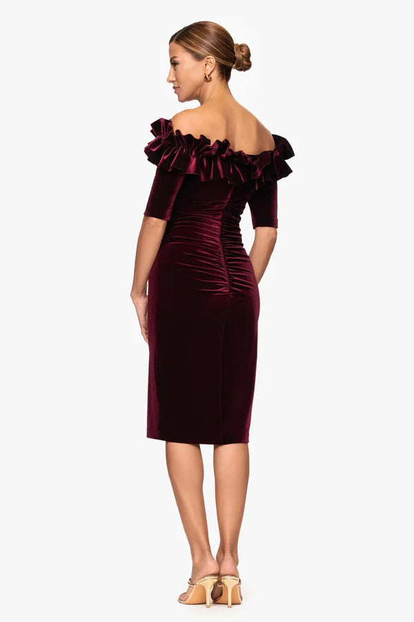 Burgundy Velvet Bodycon Off-the-Shoulder Zipper Back Midi Dress Back View - Aabei Dress