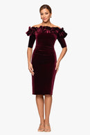 Burgundy Velvet Bodycon Off-the-Shoulder Zipper Back Midi Dress Front View - Aabei Dress