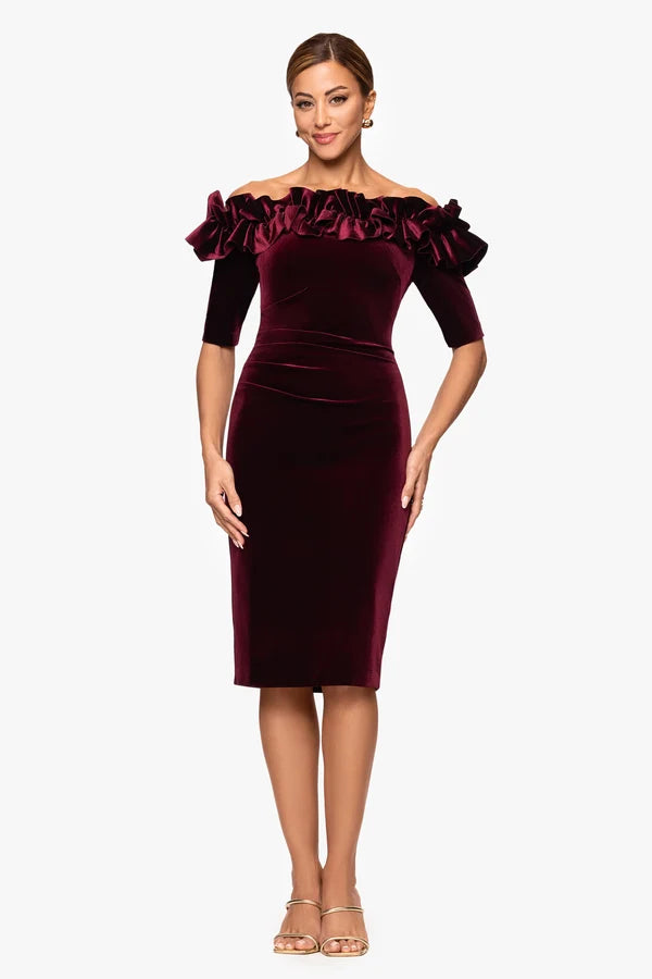 Burgundy Velvet Bodycon Off-the-Shoulder Zipper Back Midi Dress Front View - Aabei Dress