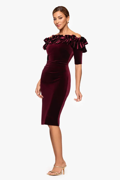 Burgundy Velvet Bodycon Off-the-Shoulder Zipper Back Midi Dress - Aabei Dress