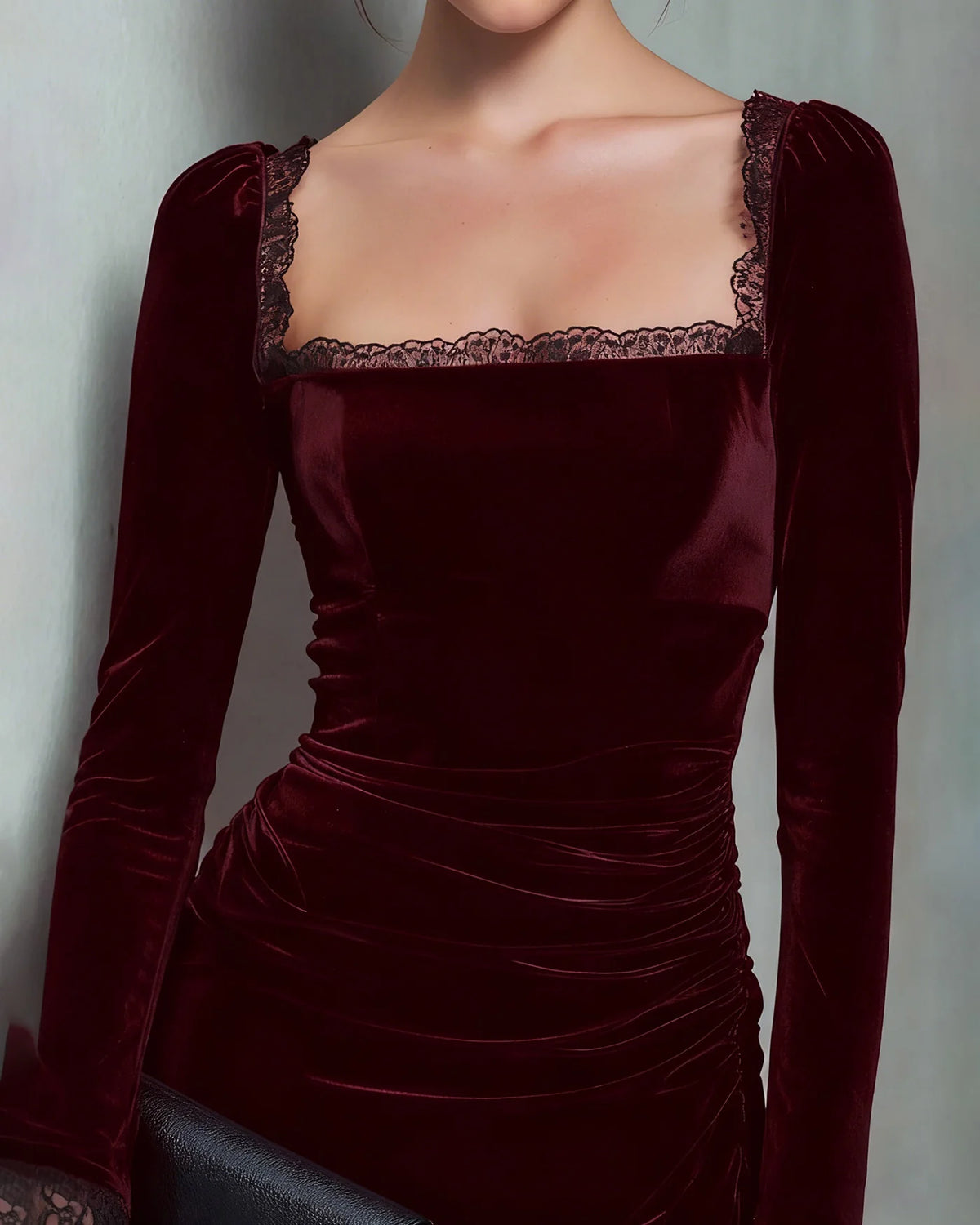 Burgundy Velvet Bodycon Square Neck Zipper Back Mini Dress - Aabei Dress