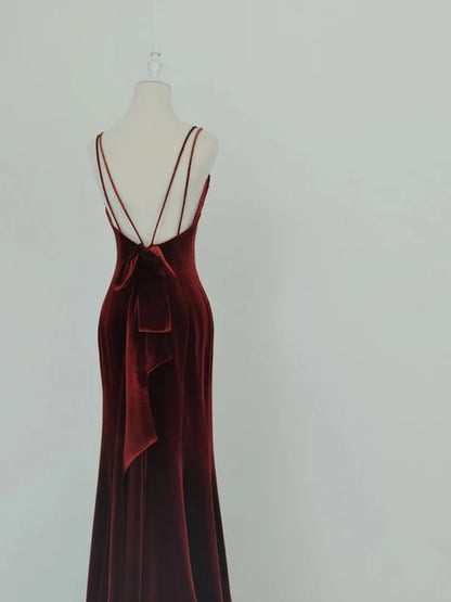 Burgundy Velvet Mermaid Cowl Neck Floor-Length Dress Back View - Aabei Dress