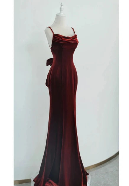 Burgundy Velvet Mermaid Cowl Neck Floor-Length Dress Front View - Aabei Dress