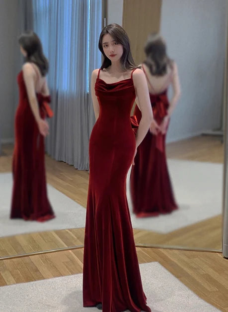 Burgundy Velvet Mermaid Cowl Neck Floor-Length Dress - Aabei Dress