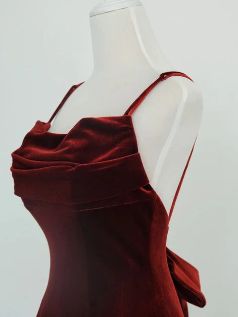 Burgundy Velvet Mermaid Cowl Neck Floor-Length Dress - Aabei Dress