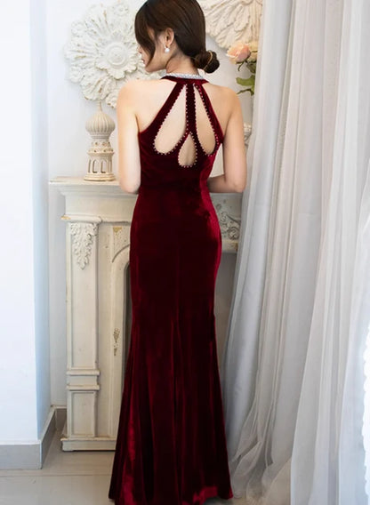 Burgundy Velvet Mermaid Halter Keyhole Back Floor-Length Dress Back View - Aabei Dress