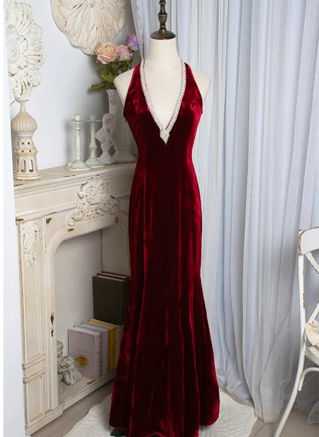 Burgundy Velvet Mermaid Halter Keyhole Back Floor-Length Dress Front View - Aabei Dress