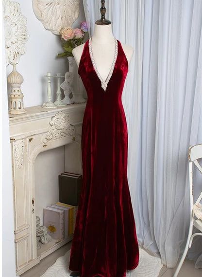 Burgundy Velvet Mermaid Halter Keyhole Back Floor-Length Dress Front View - Aabei Dress