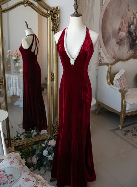 Burgundy Velvet Mermaid Halter Keyhole Back Floor-Length Dress - Aabei Dress