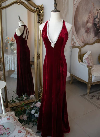 Burgundy Velvet Mermaid Halter Keyhole Back Floor-Length Dress - Aabei Dress