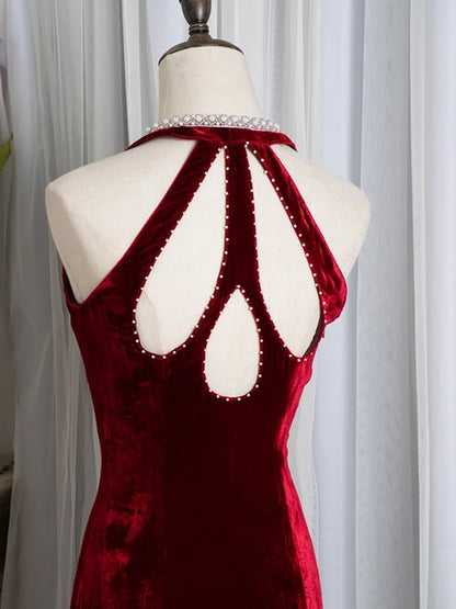 Burgundy Velvet Mermaid Halter Keyhole Back Floor-Length Dress - Aabei Dress