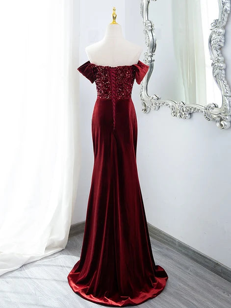 Burgundy Velvet Mermaid Off-the-Shoulder Lace-up Back Floor-Length Dress Back View - Aabei Dress