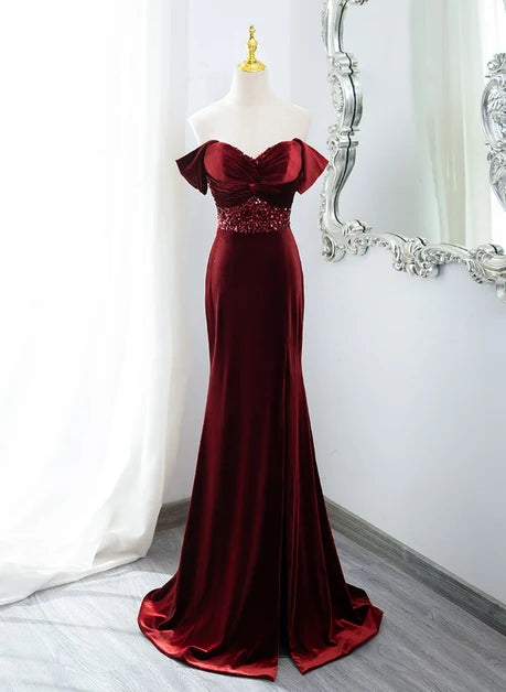 Burgundy Velvet Mermaid Off-the-Shoulder Lace-up Back Floor-Length Dress Front View - Aabei Dress