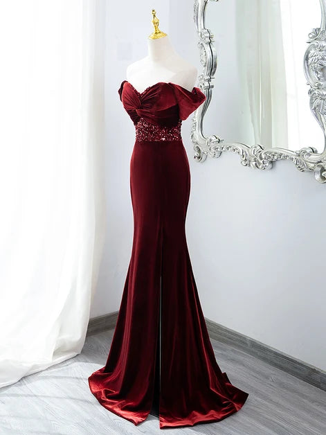 Burgundy Velvet Mermaid Off-the-Shoulder Lace-up Back Floor-Length Dress - Aabei Dress