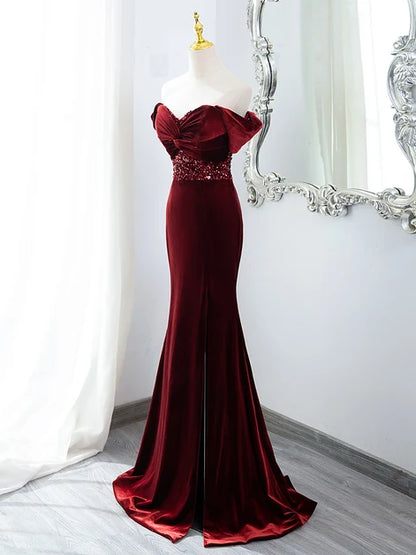 Burgundy Velvet Mermaid Off-the-Shoulder Lace-up Back Floor-Length Dress - Aabei Dress